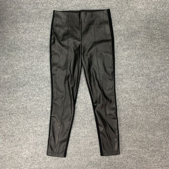 Ann Taylor Faux Leather Pants Womens 8 Black Stretch Panel Side Zip Tapered - Picture 2 of 11